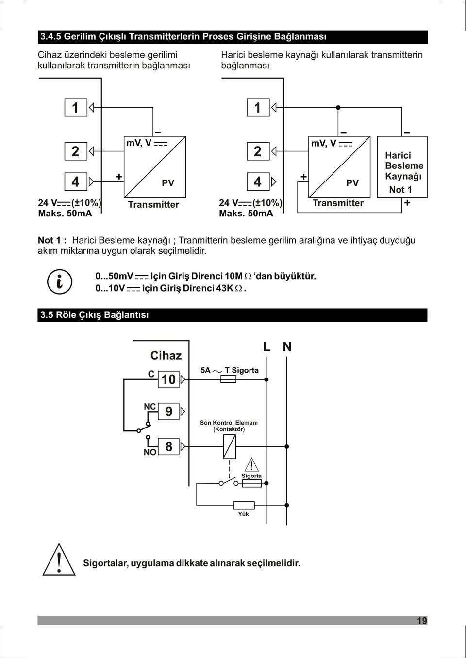 50mA m, P Transmitter Harici Besleme Kaynaðý Not 1 Not 1 : Harici Besleme kaynaðý ; Tranmitterin besleme gerilim aralýðýna ve ihtiyaç duyduðu akým miktarýna uygun olarak