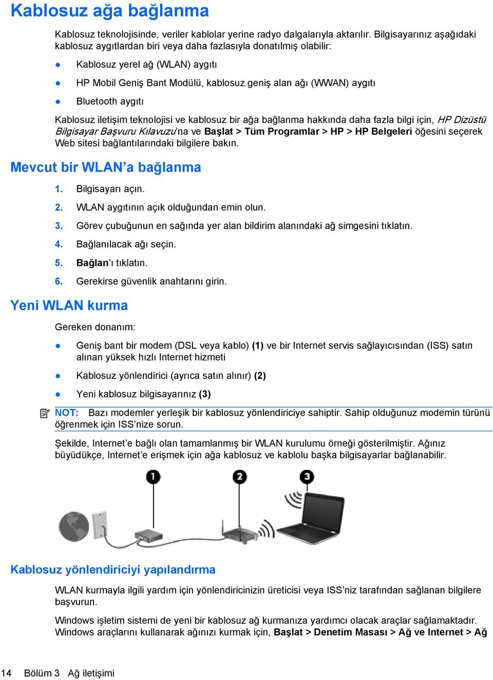 Bluetooth aygıtı Kablosuz iletişim teknolojisi ve kablosuz bir ağa bağlanma hakkında daha fazla bilgi için, HP Dizüstü Bilgisayar Başvuru Kılavuzu na ve Başlat > Tüm Programlar > HP > HP Belgeleri