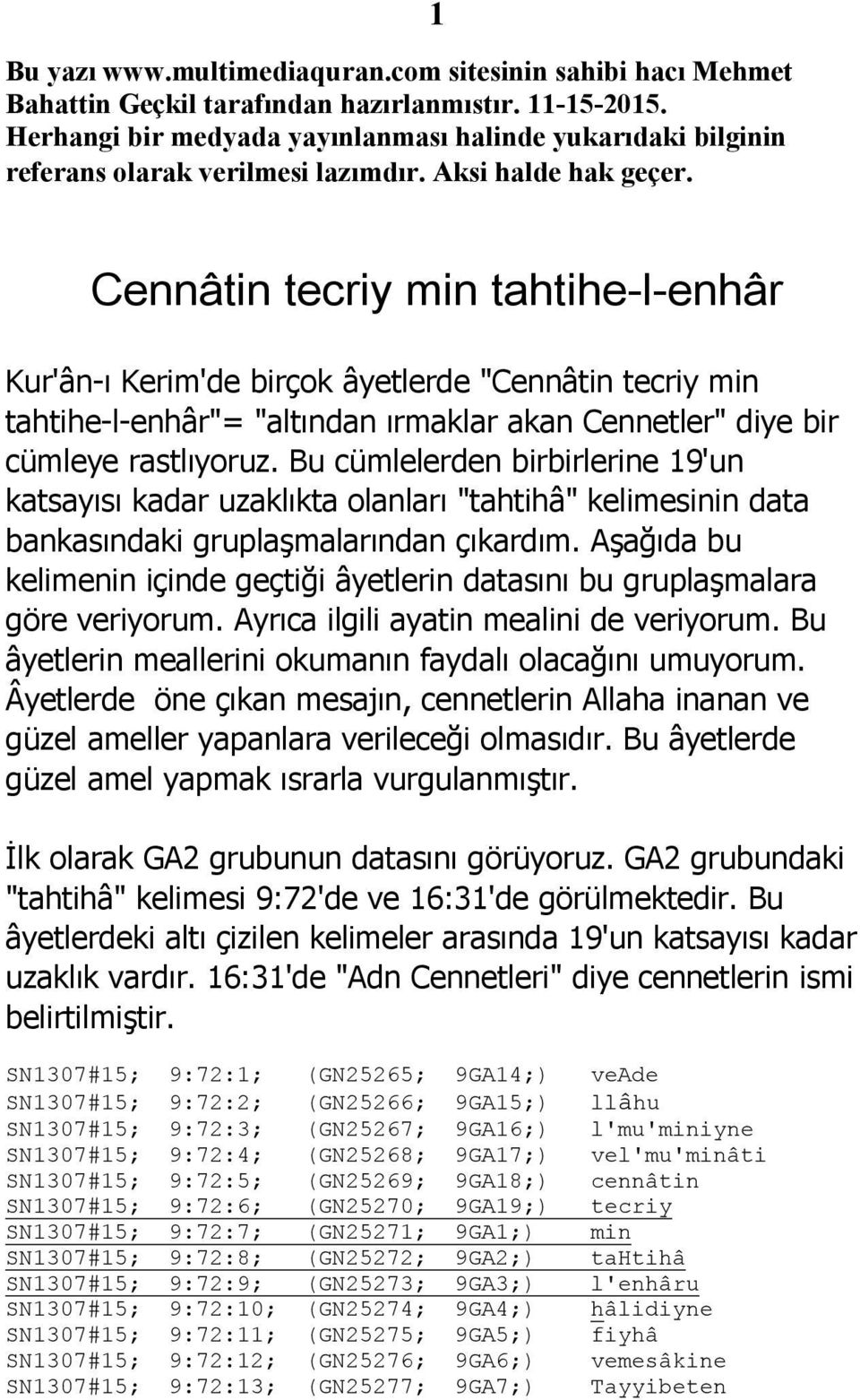 1 Cennâtin tecriy min tahtihe-l-enhâr Kur'ân-ı Kerim'de birçok âyetlerde "Cennâtin tecriy min tahtihe-l-enhâr"= "altından ırmaklar akan Cennetler" diye bir cümleye rastlıyoruz.