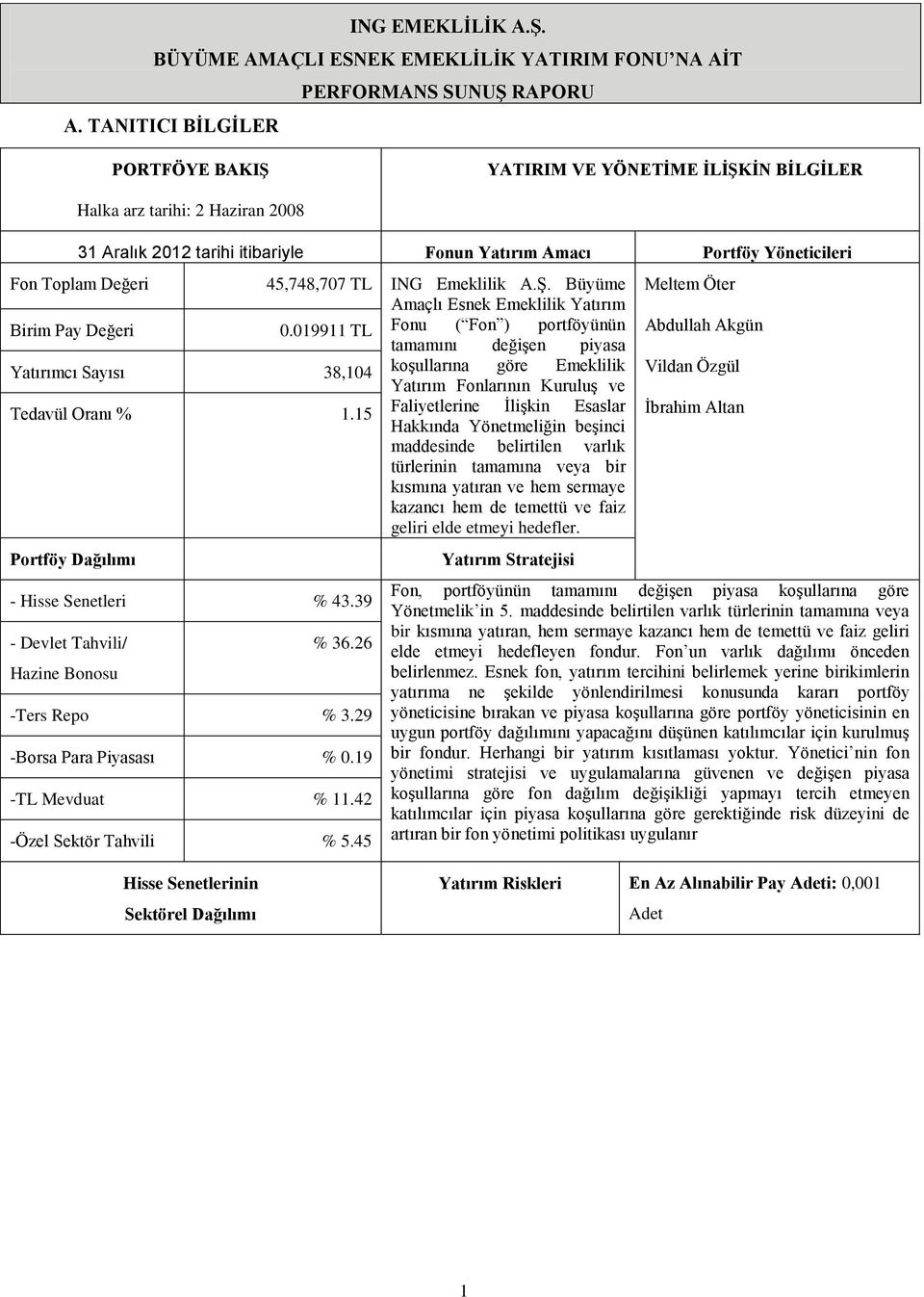 45,748,707 TL ING Emeklilik A.Ş. Büyüme Amaçlı Esnek Emeklilik Yatırım Birim Pay Değeri 0.