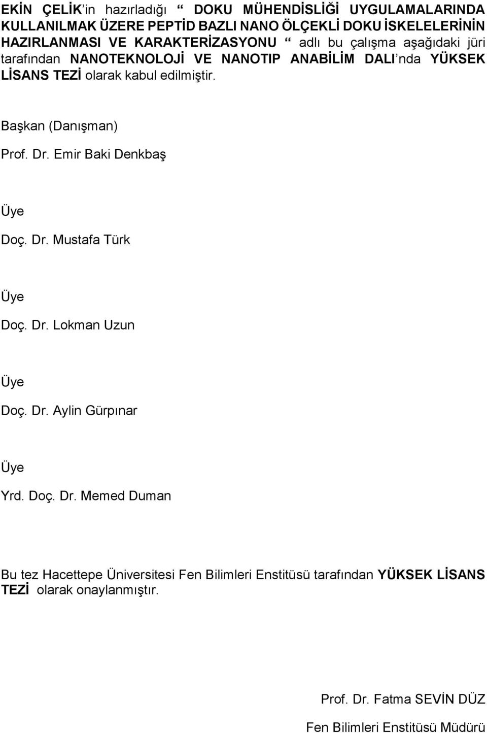 Başkan (Danışman) Prof. Dr. Emir Baki Denkbaş Üye Doç. Dr. Mustafa Türk Üye Doç. Dr. Lokman Uzun Üye Doç. Dr. Aylin Gürpınar Üye Yrd. Doç. Dr. Memed Duman Bu tez Hacettepe Üniversitesi Fen Bilimleri Enstitüsü tarafından YÜKSEK LİSANS TEZİ olarak onaylanmıştır.