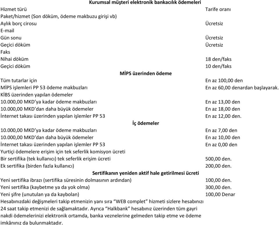 000,00 MKD ya kadar ödeme makbuzları En az 13,00 den 10.000,00 MKD dan daha büyük ödemeler En az 18,00 den İnternet takası üzerinden yapılan işlemler PP 53 En az 12,00 den. İç ödemeler 10.