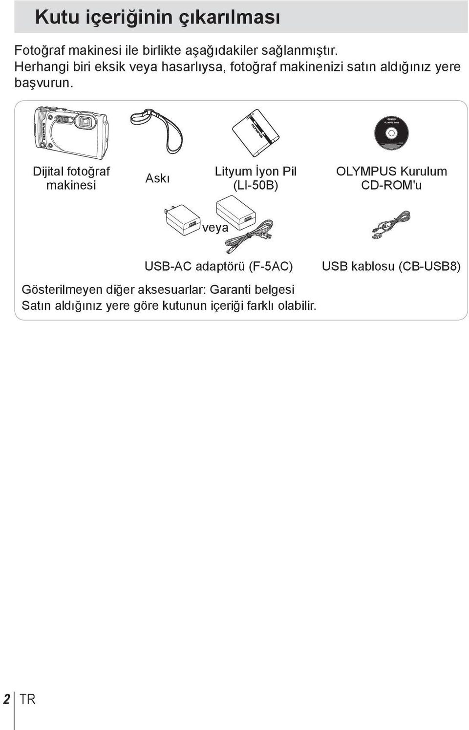 Dijital fotoğraf makinesi Askı Lityum İyon Pil (LI-50B) OLYMPUS Kurulum CD-ROM'u veya USB-AC adaptörü