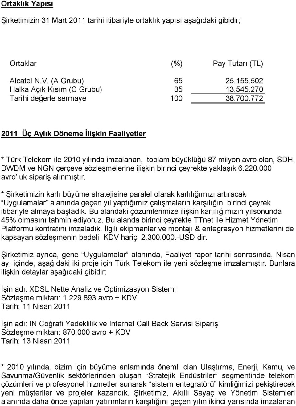 772 2011 Üç Aylık Döneme Đlişkin Faaliyetler * Türk Telekom ile 2010 yılında imzalanan, toplam büyüklüğü 87 milyon avro olan, SDH, DWDM ve NGN çerçeve sözleşmelerine ilişkin birinci çeyrekte yaklaşık