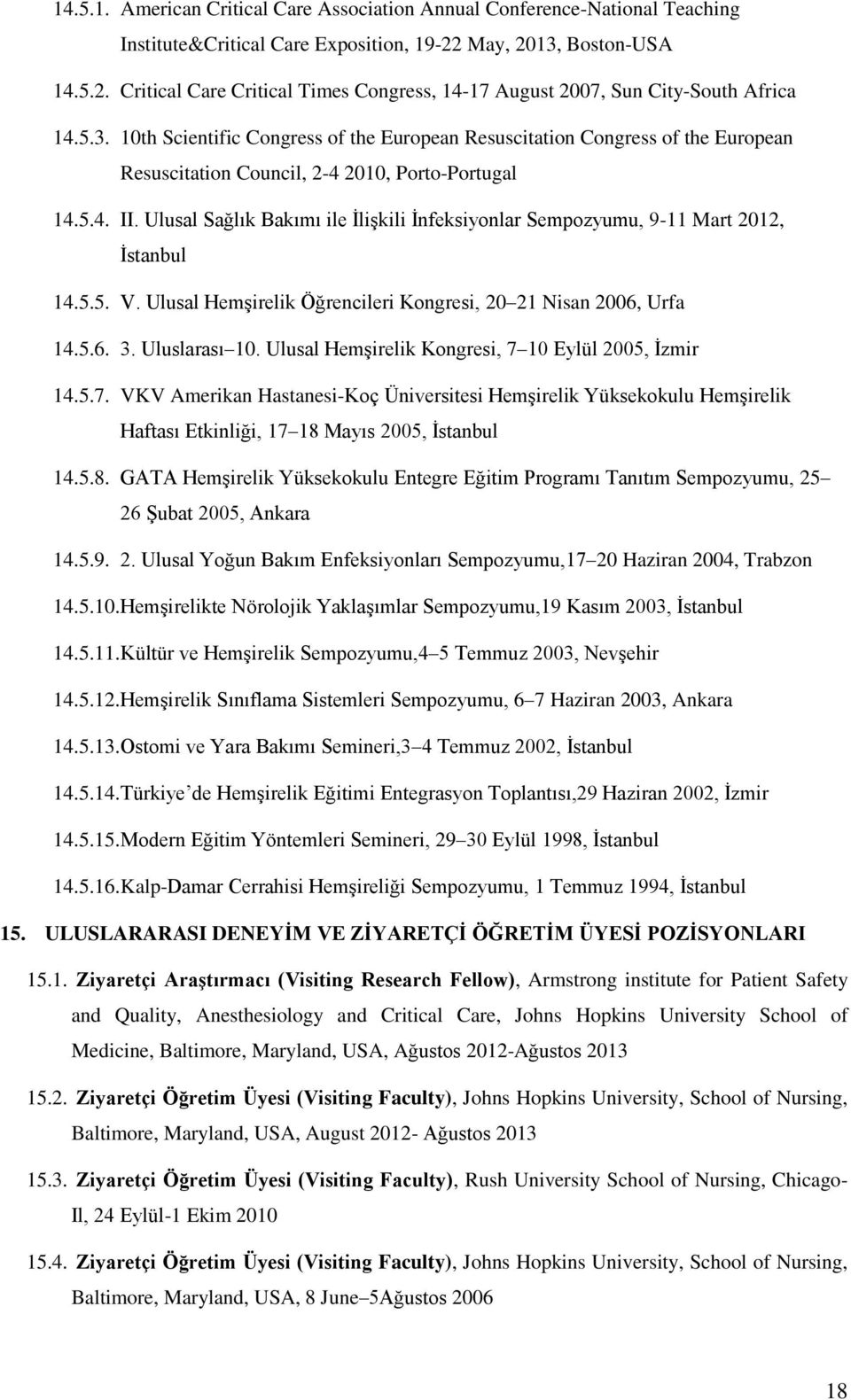 5.4. II. Ulusal Sağlık Bakımı ile İlişkili İnfeksiyonlar Sempozyumu, 9-11 Mart 2012, İstanbul 14.5.5. V. Ulusal Hemşirelik Öğrencileri Kongresi, 20 21 Nisan 2006, Urfa 14.5.6. 3. Uluslarası 10.