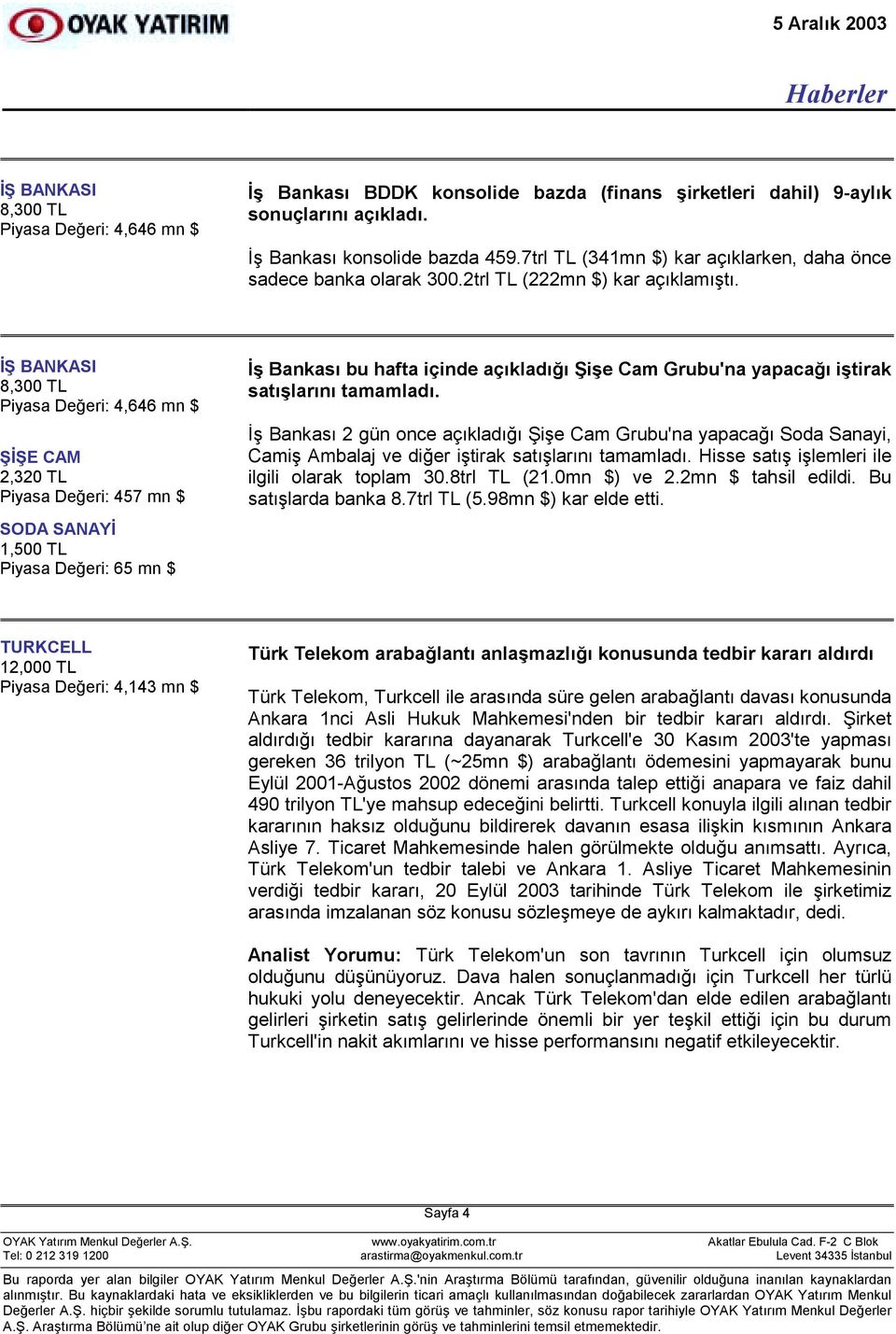 İŞ BANKASI 8,300 TL Piyasa Değeri: 4,646 mn $ ŞİŞE CAM 2,320 TL Piyasa Değeri: 457 mn $ SODA SANAYİ 1,500 TL Piyasa Değeri: 65 mn $ İş Bankasõ bu hafta içinde açõkladõğõ Şişe Cam Grubu'na yapacağõ