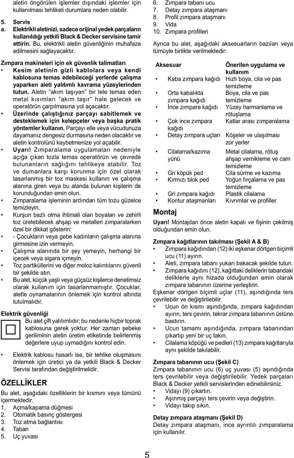 Zımpara makineleri için ek güvenlik talimatları Kesim aletinin gizli kablolara veya kendi kablosuna temas edebileceği yerlerde çalışma yaparken aleti yalıtımlı kavrama yüzeylerinden tutun.