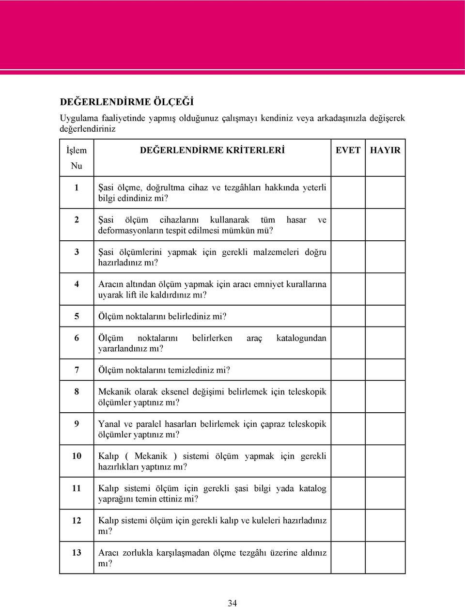 3 Şasi ölçümlerini yapmak için gerekli malzemeleri doğru hazırladınız mı? 4 Aracın altından ölçüm yapmak için aracı emniyet kurallarına uyarak lift ile kaldırdınız mı?