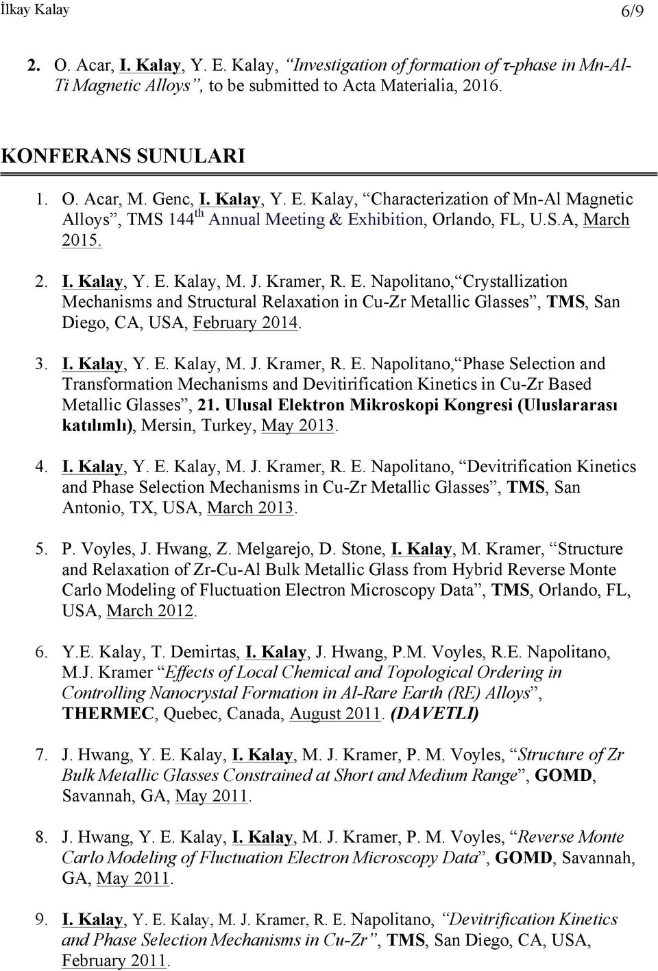 3. I. Kalay, Y. E. Kalay, M. J. Kramer, R. E. Napolitano, Phase Selection and Transformation Mechanisms and Devitirification Kinetics in Cu-Zr Based Metallic Glasses, 21.