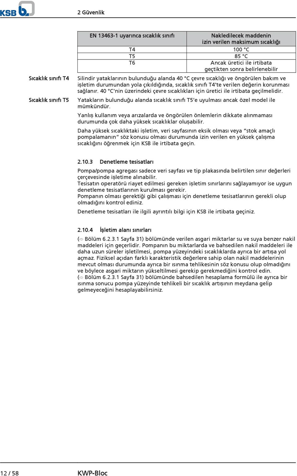 40 C'nin üzerindeki çevre sıcaklıkları için üretici ile irtibata geçilmelidir. Yatakların bulunduğu alanda sıcaklık sınıfı T5 e uyulması ancak özel model ile mümkündür.