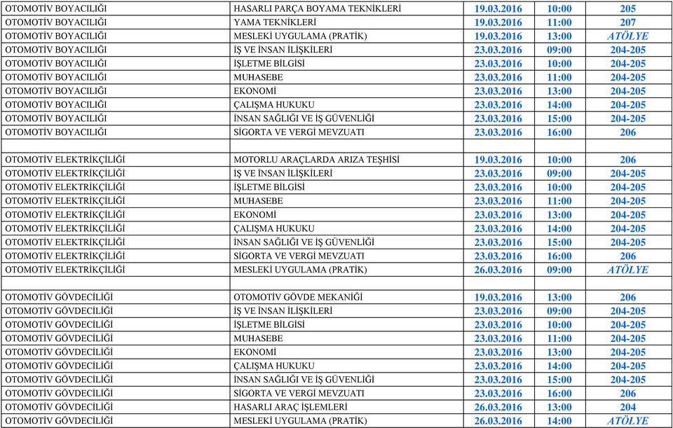 03.2016 14:00 204-205 OTOMOTİV BOYACILIĞI İNSAN SAĞLIĞI VE İŞ GÜVENLİĞİ 23.03.2016 15:00 204-205 OTOMOTİV BOYACILIĞI SİGORTA VE VERGİ MEVZUATI 23.03.2016 16:00 206 OTOMOTİV ELEKTRİKÇİLİĞİ MOTORLU ARAÇLARDA ARIZA TEŞHİSİ 19.
