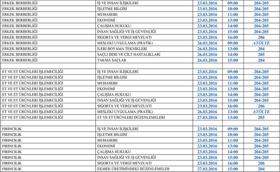 03.2016 09:00 ATÖLYE ERKEK BERBERLİĞİ İLERİ BOYAMA TEKNİKLERİ 26.03.2016 13:00 204 ERKEK BERBERLİĞİ SAÇLI DERİ VE CİLT HASTALIKLARI 26.03.2016 14:00 205 ERKEK BERBERLİĞİ TAKMA SAÇLAR 26.03.2016 15:00 204 ET VE ET ÜRÜNLERİ İŞLEMECİLİĞİ İŞ VE İNSAN İLİŞKİLERİ 23.