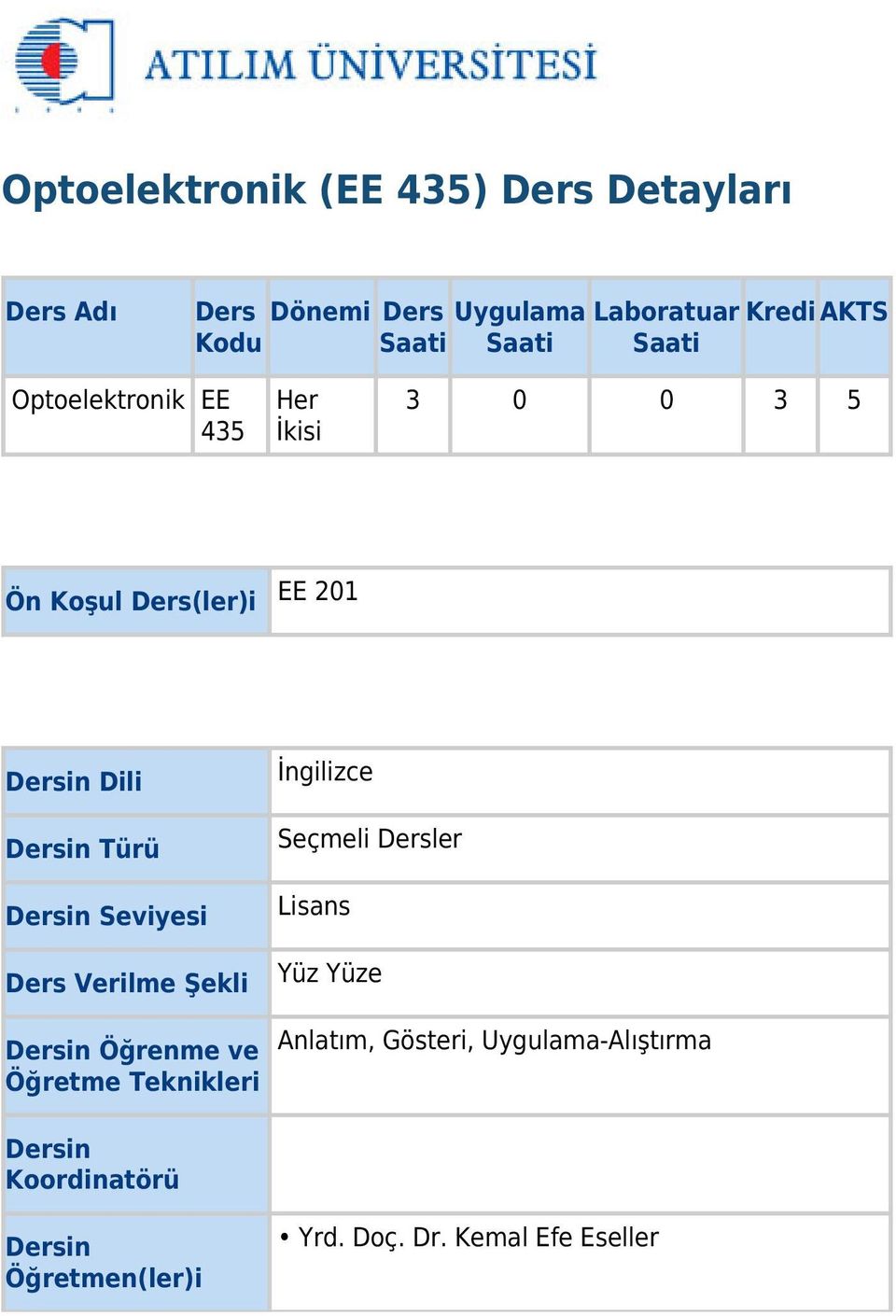 Dersin Seviyesi Ders Verilme Şekli Dersin Öğrenme ve Öğretme Teknikleri İngilizce Seçmeli Dersler Lisans Yüz