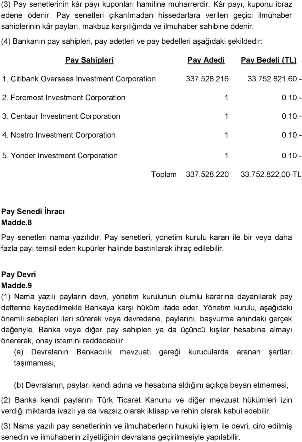 (4) Bankanın pay sahipleri, pay adetleri ve pay bedelleri aşağıdaki şekildedir: Pay Sahipleri Pay Adedi Pay Bedeli (TL) 1. Citibank Overseas Investment Corporation 337.528.216 33.752.821.60-2.