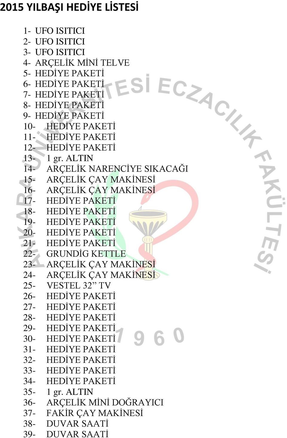 ALTIN 14- ARÇELİK NARENCİYE SIKACAĞI 15- ARÇELİK ÇAY MAKİNESİ 16- ARÇELİK ÇAY MAKİNESİ 17- HEDİYE PAKETİ 18- HEDİYE PAKETİ 19- HEDİYE PAKETİ 20- HEDİYE PAKETİ 21- HEDİYE PAKETİ 22- GRUNDİG