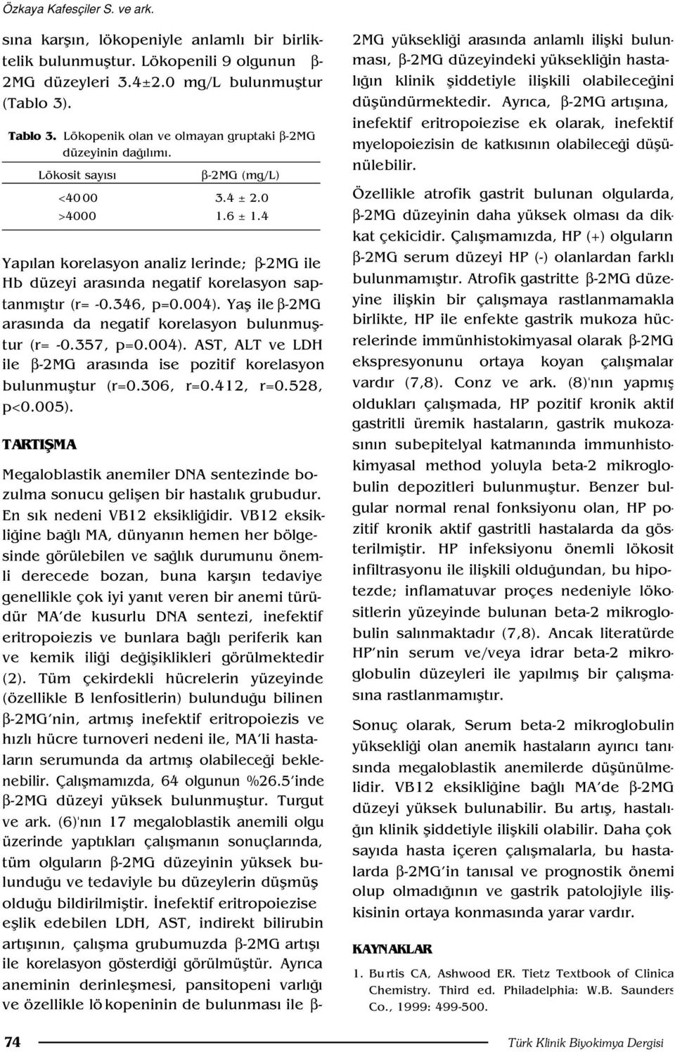 4 Yap lan korelasyon analiz lerinde; β-2mg ile Hb düzeyi aras nda negatif korelasyon saptanm flt r (r= -0.346, p=0.004). Yafl ile β-2mg aras nda da negatif korelasyon bulunmufltur (r= -0.357, p=0.