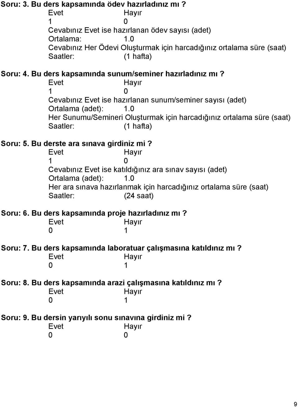 Cevabınız Evet ise hazırlanan sunum/seminer sayısı (adet) Ortalama (adet): 1.0 Her Sunumu/Semineri Oluşturmak için harcadığınız ortalama süre (saat) Saatler: (1 hafta) Soru: 5.