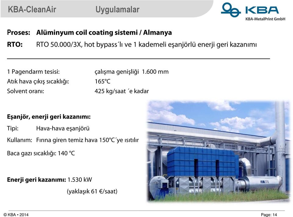 600 mm Atık hava çıkış sıcaklığı: 165 C Solvent oranı: 425 kg/saat e kadar Eşanjör, enerji geri kazanımı: Tipi: