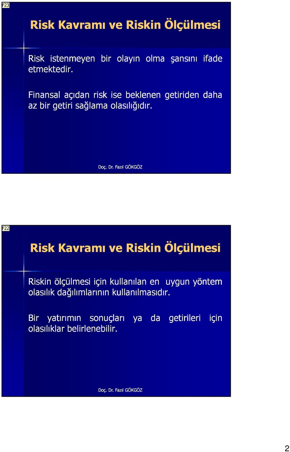 F22 Risk Kavramı ve Riskin Ölçülmesi Riskin ölçülmesi için kullanılan en uygun yöntem olasılık