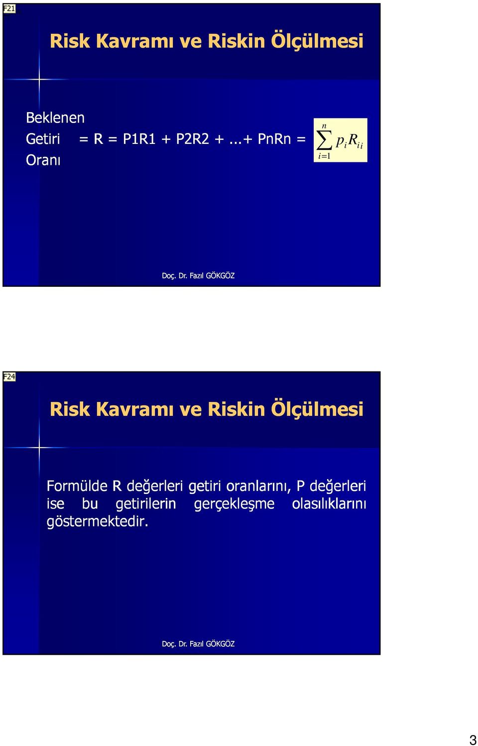 ..+ PnRn = Oranı n i= 1 p i R ii F24 Risk Kavramı ve Riskin