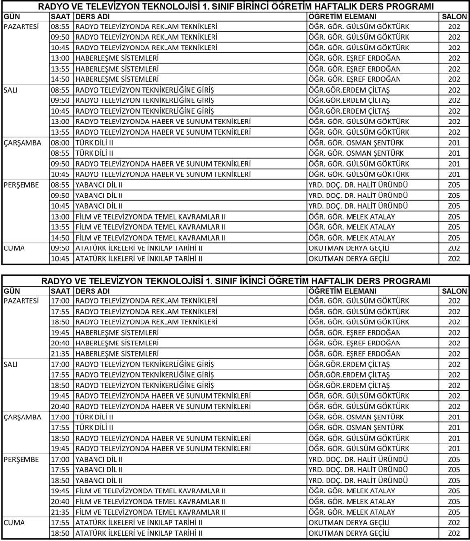 GÖR. EŞREF ERDOĞAN 202 14:50 HABERLEŞME SİSTEMLERİ ÖĞR. GÖR. EŞREF ERDOĞAN 202 SALI 08:55 RADYO TELEVİZYON TEKNİKERLİĞİNE GİRİŞ ÖĞR.GÖR.ERDEM ÇİLTAŞ 202 09:50 RADYO TELEVİZYON TEKNİKERLİĞİNE GİRİŞ ÖĞR.