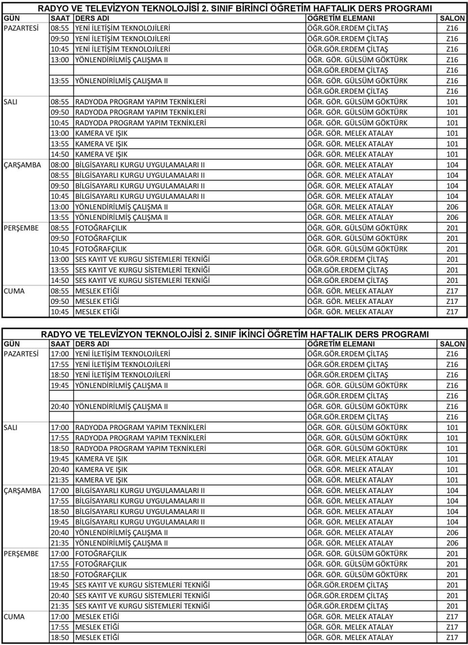 GÖR. GÜLSÜM GÖKTÜRK 101 09:50 RADYODA PROGRAM YAPIM TEKNİKLERİ ÖĞR. GÖR. GÜLSÜM GÖKTÜRK 101 10:45 RADYODA PROGRAM YAPIM TEKNİKLERİ ÖĞR. GÖR. GÜLSÜM GÖKTÜRK 101 13:00 KAMERA VE IŞIK ÖĞR. GÖR. MELEK ATALAY 101 13:55 KAMERA VE IŞIK ÖĞR.