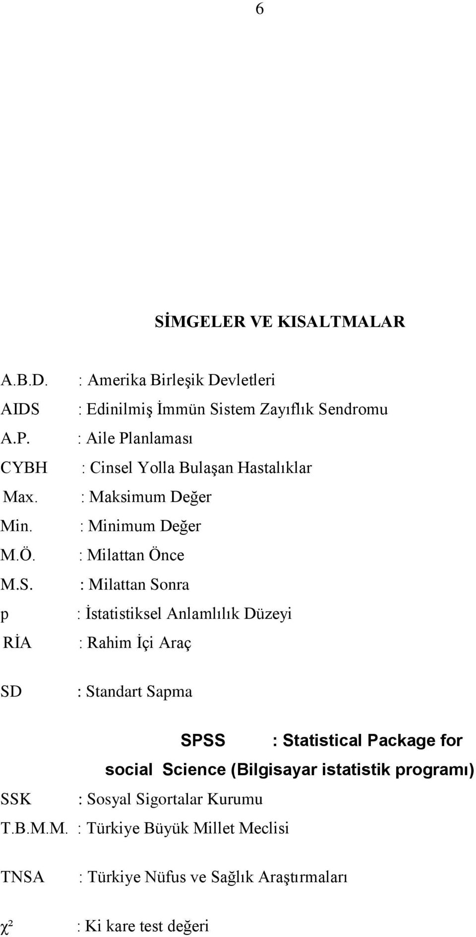 İstatistiksel Anlamlılık Düzeyi : Rahim İçi Araç : Standart Sapma SPSS : Statistical Package for social Science (Bilgisayar istatistik