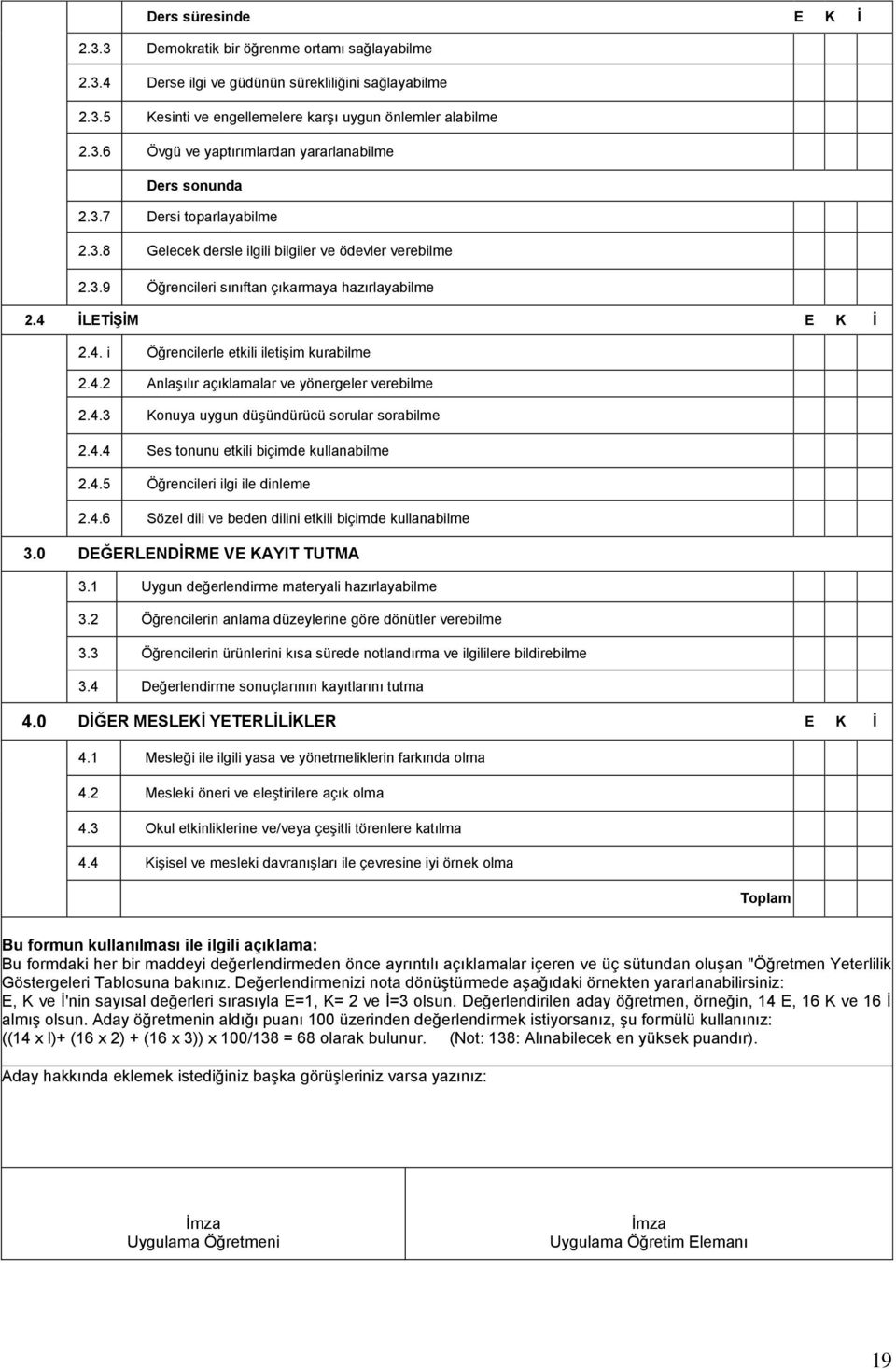 4.2 Anlaşılır açıklamalar ve yönergeler verebilme 2.4.3 Konuya uygun düşündürücü sorular sorabilme 2.4.4 Ses tonunu etkili biçimde kullanabilme 2.4.5 Öğrencileri ilgi ile dinleme 2.4.6 Sözel dili ve beden dilini etkili biçimde kullanabilme 3.