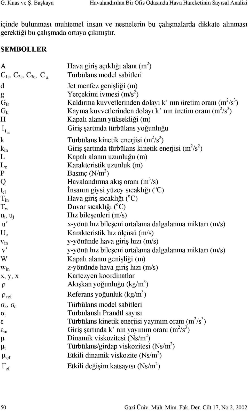 SEMBOLLER A Hava giriş açıklığı alanı (m 2 ) C 1ε, C 2ε, C 3ε, C µ Türbülans model sabitleri d Jet menfez genişliği (m) g Yerçekimi ivmesi (m/s 2 ) G B Kaldırma kuvvetlerinden dolayı k nın üretim