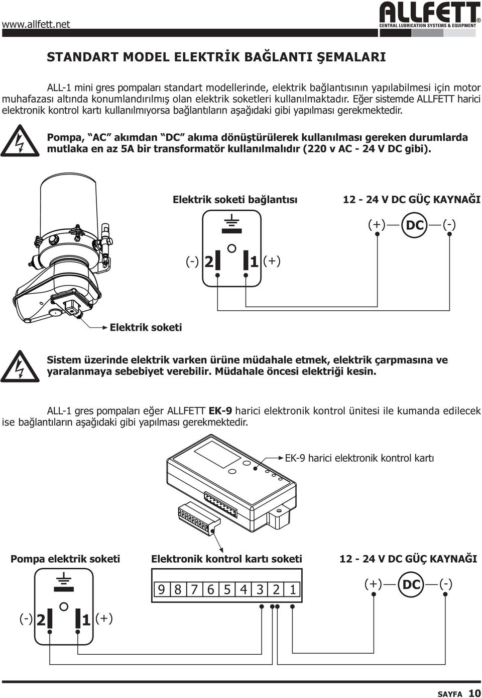 Pompa, AC akýmdan DC akýma dönüþtürülerek kullanýlmasý gereken durumlarda mutlaka en az 5A bir transformatör kullanýlmalýdýr (220 v AC 24 V DC gibi).