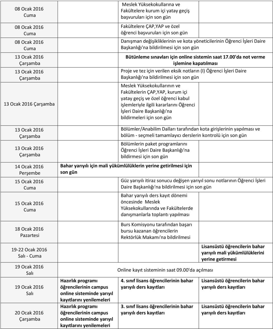 yöneticilerinin Öğrenci İşleri Daire Başkanlığı'na bildirilmesi için son gün Bütünleme sınavları için online sistemin saat 17.