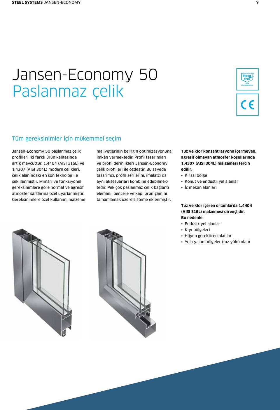 Gereksinimlere özel kullanım, malzeme maliyetlerinin belirgin optimizasyonuna imkân vermektedir. Profil tasarımları ve profil derinlikleri Jansen-Economy çelik profilleri ile özdeştir.
