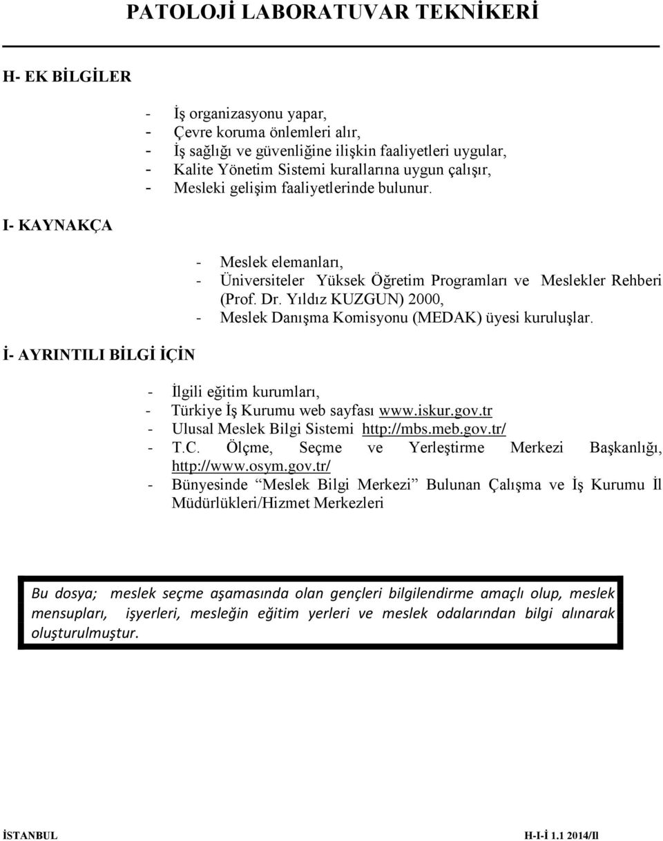 Yıldız KUZGUN) 2000, - Meslek Danışma Komisyonu (MEDAK) üyesi kuruluşlar. - İlgili eğitim kurumları, - Türkiye İş Kurumu web sayfası www.iskur.gov.tr - Ulusal Meslek Bilgi Sistemi http://mbs.meb.gov.tr/ - T.