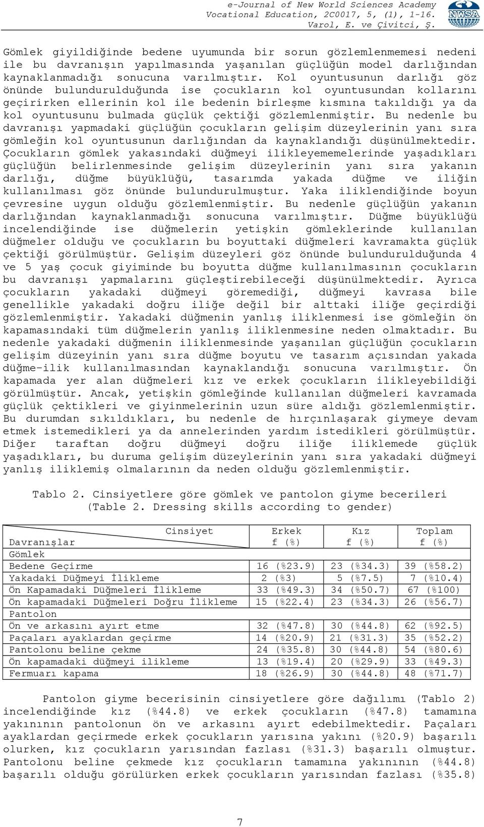 çektiği gözlemlenmiştir. Bu nedenle bu davranışı yapmadaki güçlüğün çocukların gelişim düzeylerinin yanı sıra gömleğin kol oyuntusunun darlığından da kaynaklandığı düşünülmektedir.