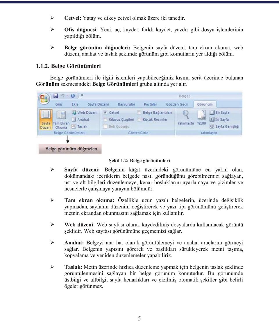 Belge Görünümleri Belge görünümleri ile ilgili işlemleri yapabileceğimiz kısım, şerit üzerinde bulunan Görünüm sekmesindeki Belge Görünümleri grubu altında yer alır. Şekil 1.