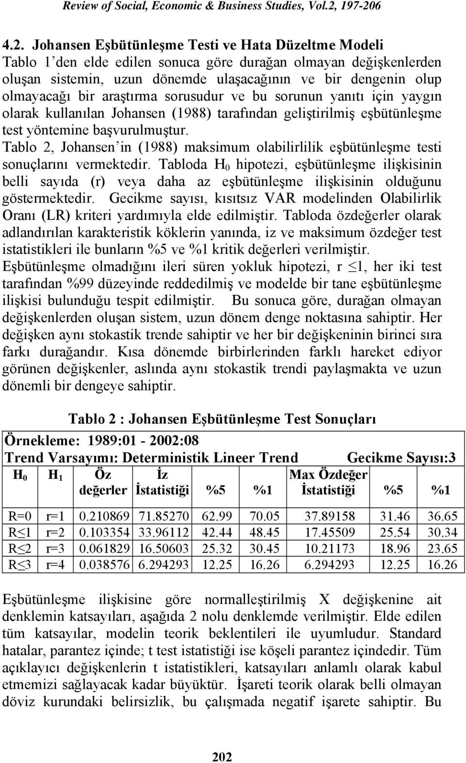 Tablo 2, Johansen in (1988) maksimum olabilirlilik eşbütünleşme testi sonuçlarını vermektedir.