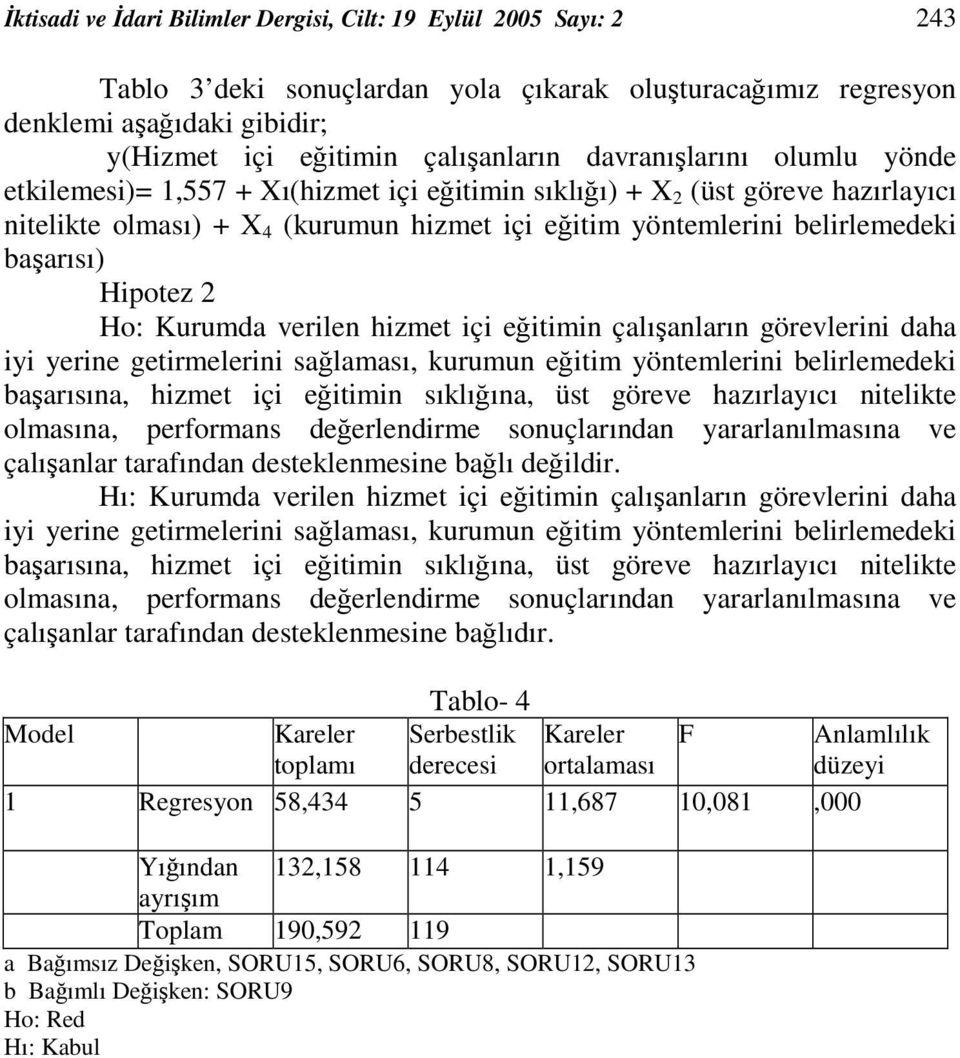 Hipotez 2 Ho: Kurumda verilen hizmet içi eitimin çalıanların görevlerini daha iyi yerine getirmelerini salaması, kurumun eitim yöntemlerini belirlemedeki baarısına, hizmet içi eitimin sıklıına, üst