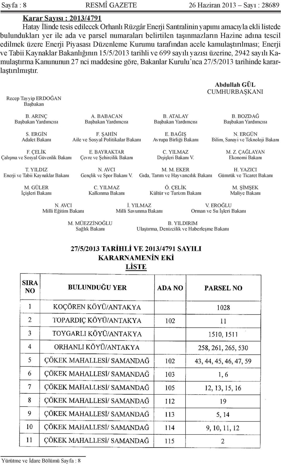 tarihli ve 699 sayılı yazısı üzerine, 2942 sayılı Kamulaştırma Kanununun 27 nci maddesine göre, Bakanlar Kurulu nca 27/5/2013 tarihinde kararlaştırılmıştır.