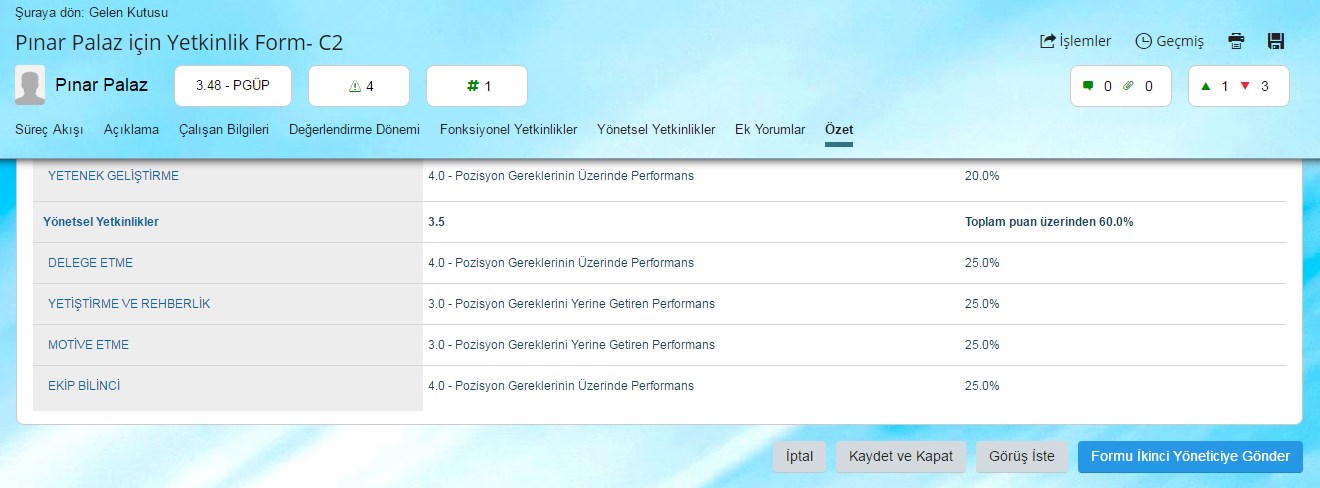 Formu görüş almak için bir kişiye gönderdiğinde yönetici form üzerinde