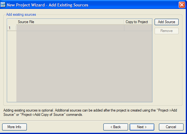 Açılan New Project Wizard Add Existing Sources penceresindeki Next butonuna basın.