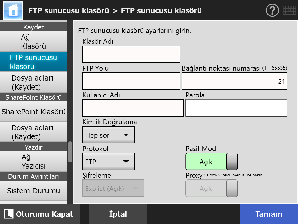 4.13 Taranan Veriyi Kaydetmek İçin Klasör Ayarlama FTP Sunucusu Klasörünün Kaydedilmesi 1.