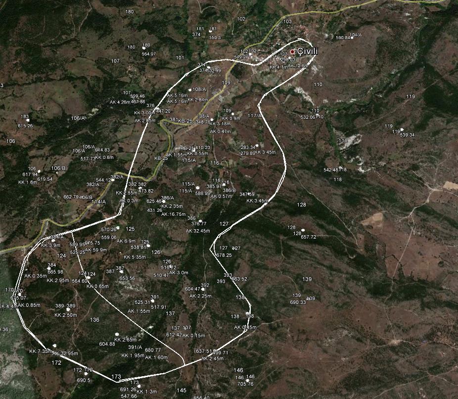 Şekil 2. Çivili sahası sondaj lokasyon haritası Şekil 1. Çivili sahası uydu görünümü ve çalışma sınırı Çivili sahasında MTA tarafından 47 adet (30 adedi kömür kesmiş); E.