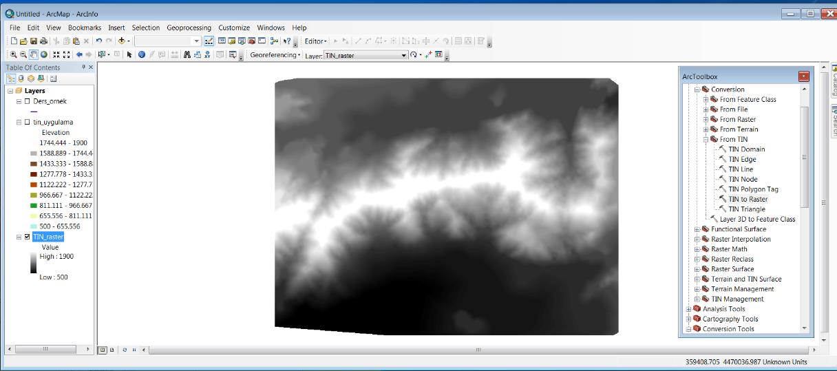 18 12. OK diyerek beklediğinizde aşağıdaki gibi raster bir görüntü elde edeceksiniz. Bu görüntü sizin raster veri formatındaki Sayısal Yükseklik Modeliniz (SYM) dir.