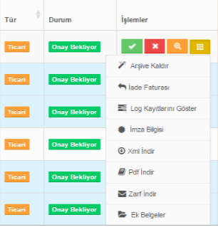Onay bekleyen faturalara tek tek onay veya red verilebileceği gibi toplu olarak da bu işlemler gerçekleştirilebilir.