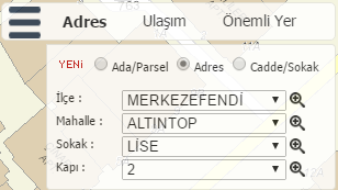 ADA / PARSEL SORGULAMASI 4 Denizli de tüm ilçe ve mahallelerinde ada / parsel sorgulamasını yapmak için sağ üstte bulunan menüyü açarak Adres > Ada/Parsel kısmına gerekli verileri girerek sorgulama