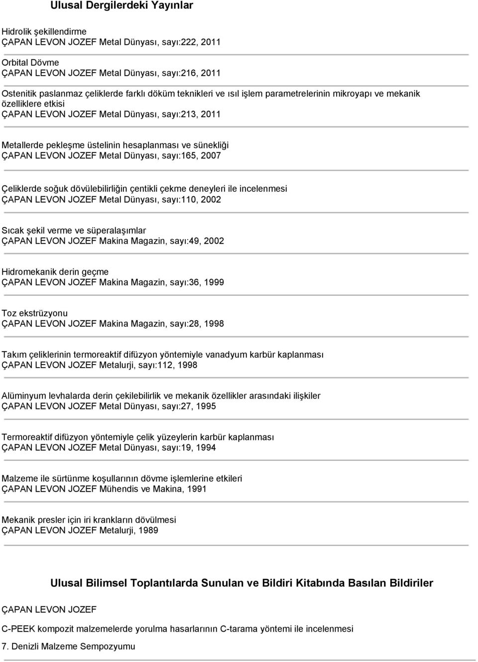 dövülebilirliğin çentikli çekme deneyleri ile incelenmesi Metal Dünyası, sayı:110, 2002 Sıcak şekil verme ve süperalaşımlar Makina Magazin, sayı:49, 2002 Hidromekanik derin geçme Makina Magazin,