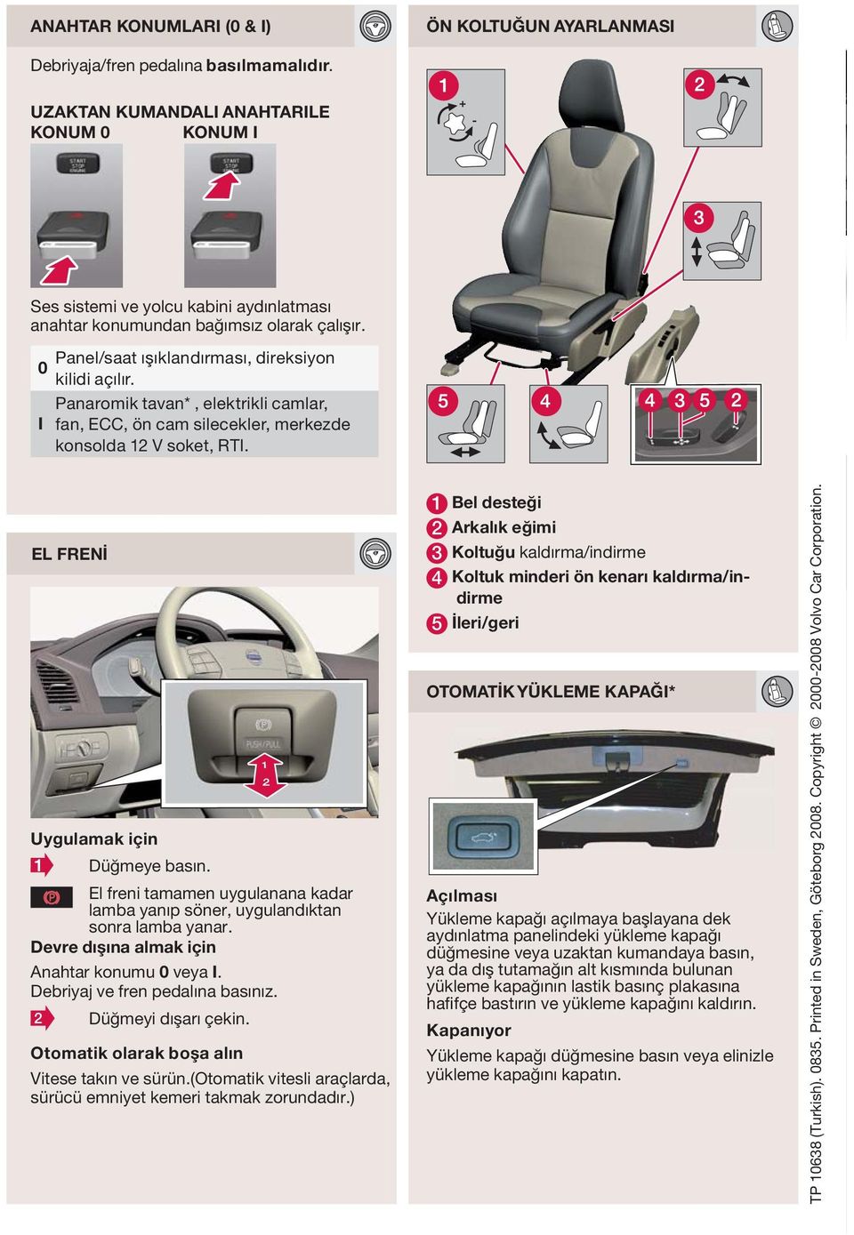 Panaromik tavan*, elektrikli camlar, fan, ECC, ön cam silecekler, merkezde konsolda 12 V soket, RTI. EL FRENİ Uygulamak için Düğmeye basın.