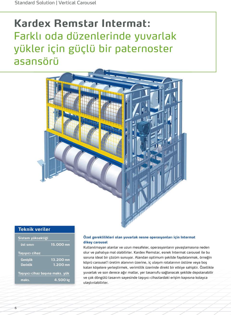 500 kg Özel gereklilikleri olan yuvarlak nesne operasyonları için Intermat dikey carousel Kullanılmayan alanlar ve uzun mesafeler, operasyonların yavaşlamasına neden olur ve pahalıya mal olabilirler.