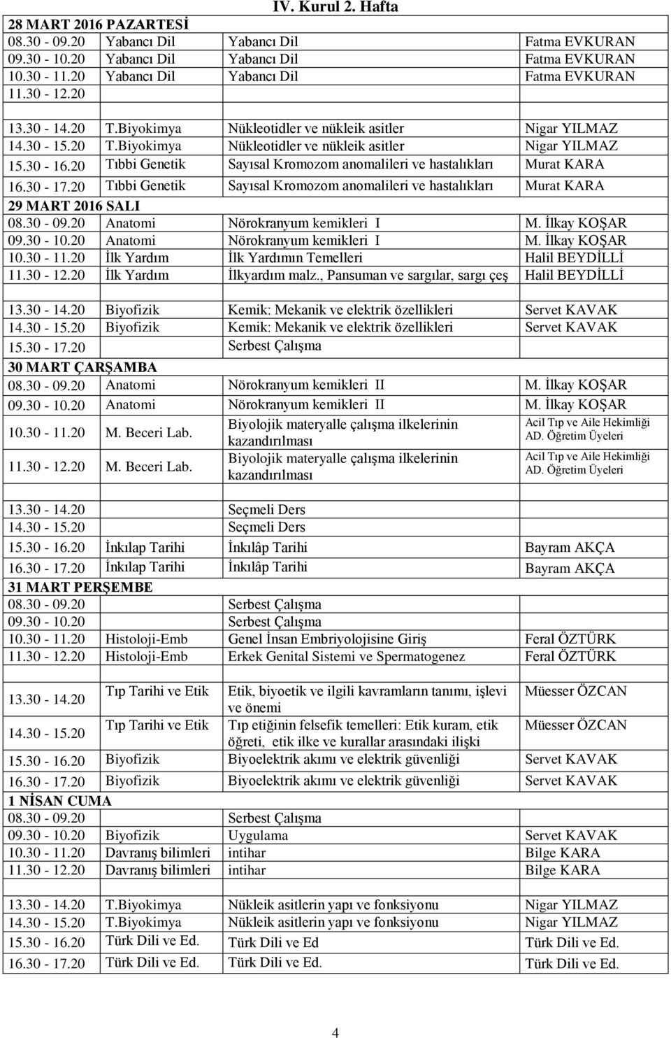 20 Anatomi Nörokranyum kemikleri I M. İlkay KOŞAR 09.30-10.20 Anatomi Nörokranyum kemikleri I M. İlkay KOŞAR 10.30-11.20 İlk Yardım İlk Yardımın Temelleri Halil BEYDİLLİ 11.30-12.