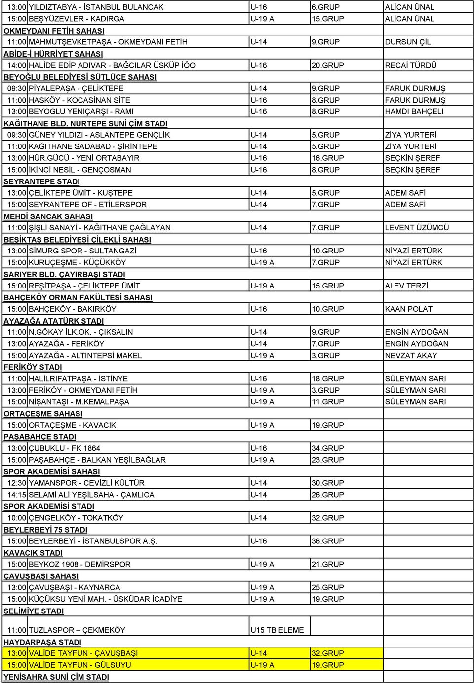 GRUP FARUK DURMUŞ 11:00 HASKÖY - KOCASİNAN SİTE U-16 8.GRUP FARUK DURMUŞ 13:00 BEYOĞLU YENİÇARŞI - RAMİ U-16 8.GRUP HAMDİ BAHÇELİ KAĞITHANE BLD.